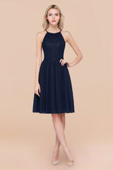 Lovely Floral Lace Halter Short Bridesmaid Dress