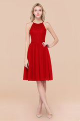 Lovely Floral Lace Halter Short Bridesmaid Dress