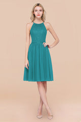 Lovely Floral Lace Halter Short Bridesmaid Dress