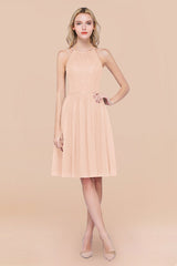 Lovely Floral Lace Halter Short Bridesmaid Dress
