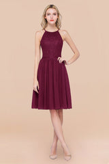 Lovely Floral Lace Halter Short Bridesmaid Dress