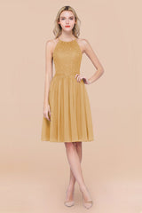 Lovely Floral Lace Halter Short Bridesmaid Dress