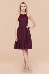 Lovely Floral Lace Halter Short Bridesmaid Dress