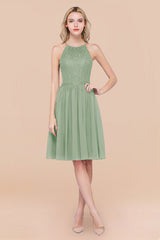 Lovely Floral Lace Halter Short Bridesmaid Dress
