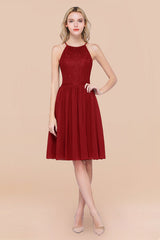 Lovely Floral Lace Halter Short Bridesmaid Dress