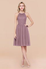 Lovely Floral Lace Halter Short Bridesmaid Dress
