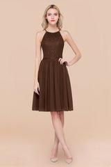 Lovely Floral Lace Halter Short Bridesmaid Dress
