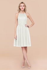 Lovely Floral Lace Halter Short Bridesmaid Dress