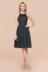 Lovely Floral Lace Halter Short Bridesmaid Dress