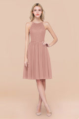 Lovely Floral Lace Halter Short Bridesmaid Dress