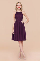 Lovely Floral Lace Halter Short Bridesmaid Dress