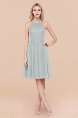 Lovely Floral Lace Halter Short Bridesmaid Dress