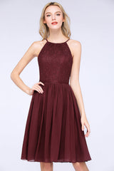 Lovely Floral Lace Halter Short Bridesmaid Dress