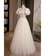 Simple and elegant red pink square neckline fluffy short sleeved ball dress with red pink A-shaped princess backless strap and ground length prom dress