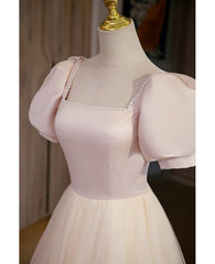 Simple and elegant red pink square neckline fluffy short sleeved ball dress with red pink A-shaped princess backless strap and ground length prom dress