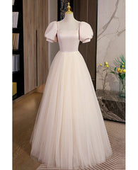 Simple and elegant red pink square neckline fluffy short sleeved ball dress with red pink A-shaped princess backless strap and ground length prom dress