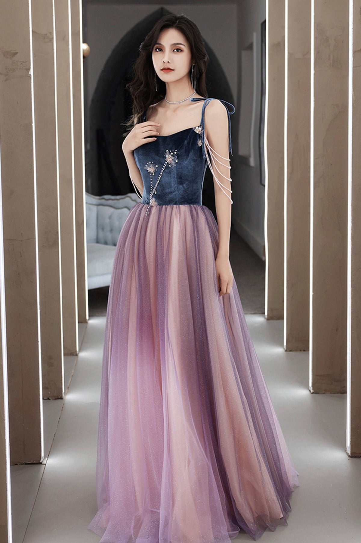 Cute Spaghetti Strap Velvet Tulle Long Prom Dress, A-Line Evening Dress