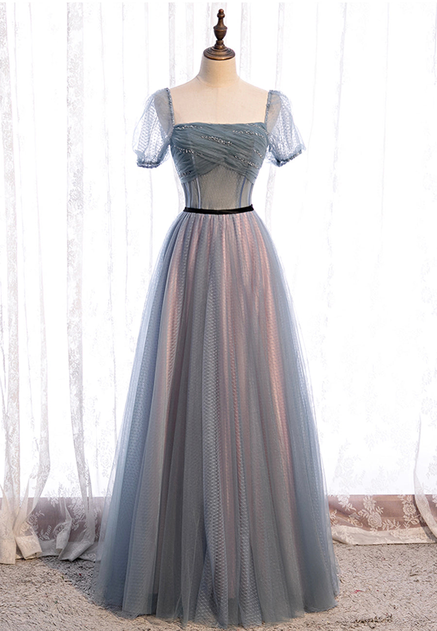 Grey Tulle Long Prom Dresses, A-Line Evening Dresses