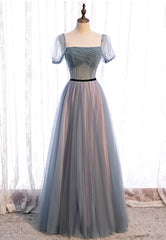 Grey Tulle Long Prom Dresses, A-Line Evening Dresses