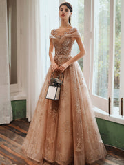 Cute Tulle Sequins Long Prom Dresses, Beautiful A-Line Evening Dresses