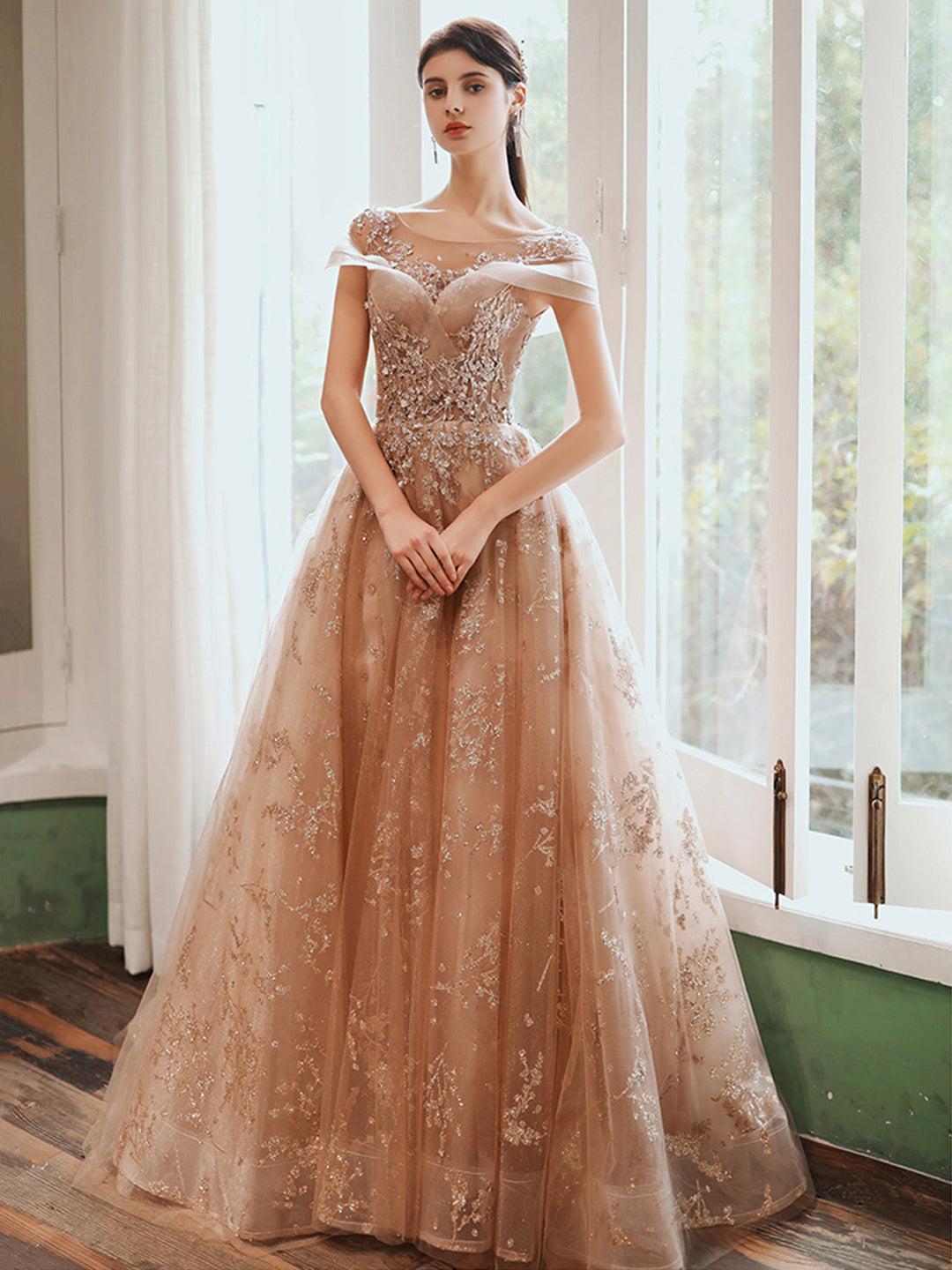 Cute Tulle Sequins Long Prom Dresses, Beautiful A-Line Evening Dresses