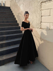 Black V-Neck Velvet Floor Length Prom Dress, Black Evening Party Dress
