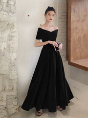 Black V-Neck Velvet Floor Length Prom Dress, Black Evening Party Dress
