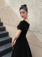 Black V-Neck Velvet Floor Length Prom Dress, Black Evening Party Dress