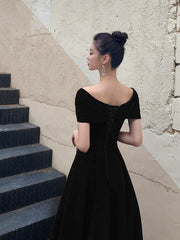 Black V-Neck Velvet Knee Length Prom Dress, Black Evening Party Dress