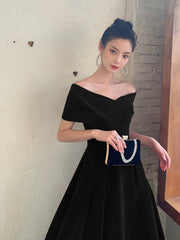Black V-Neck Velvet Knee Length Prom Dress, Black Evening Party Dress