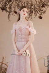 Pink Tulle Long A-line Prom Dress, Off the Shoulder Evening Dress