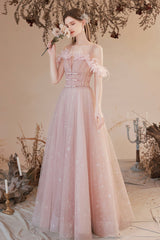 Pink Tulle Long A-line Prom Dress, Off the Shoulder Evening Dress