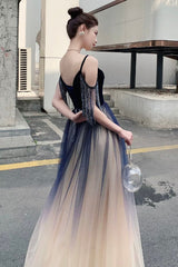 Blue Ombre Tulle V-Neck Long Party Dress, A-line Prom Dress