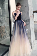 Blue Ombre Tulle V-Neck Long Party Dress, A-line Prom Dress