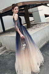 Blue Ombre Tulle V-Neck Long Party Dress, A-line Prom Dress