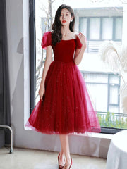 Burgundy Velvet Tulle Short Prom Dress, Off Shoulder Knee Length Party Dress