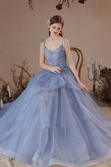 Blue V-Neck Tulle Lace Long Prom Dress, Lovely Spaghetti Straps Evening Dress