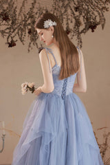 Blue V-Neck Tulle Lace Long Prom Dress, Lovely Spaghetti Straps Evening Dress