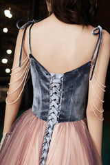 Cute Spaghetti Strap Velvet Tulle Long Prom Dress, A-Line Evening Dress