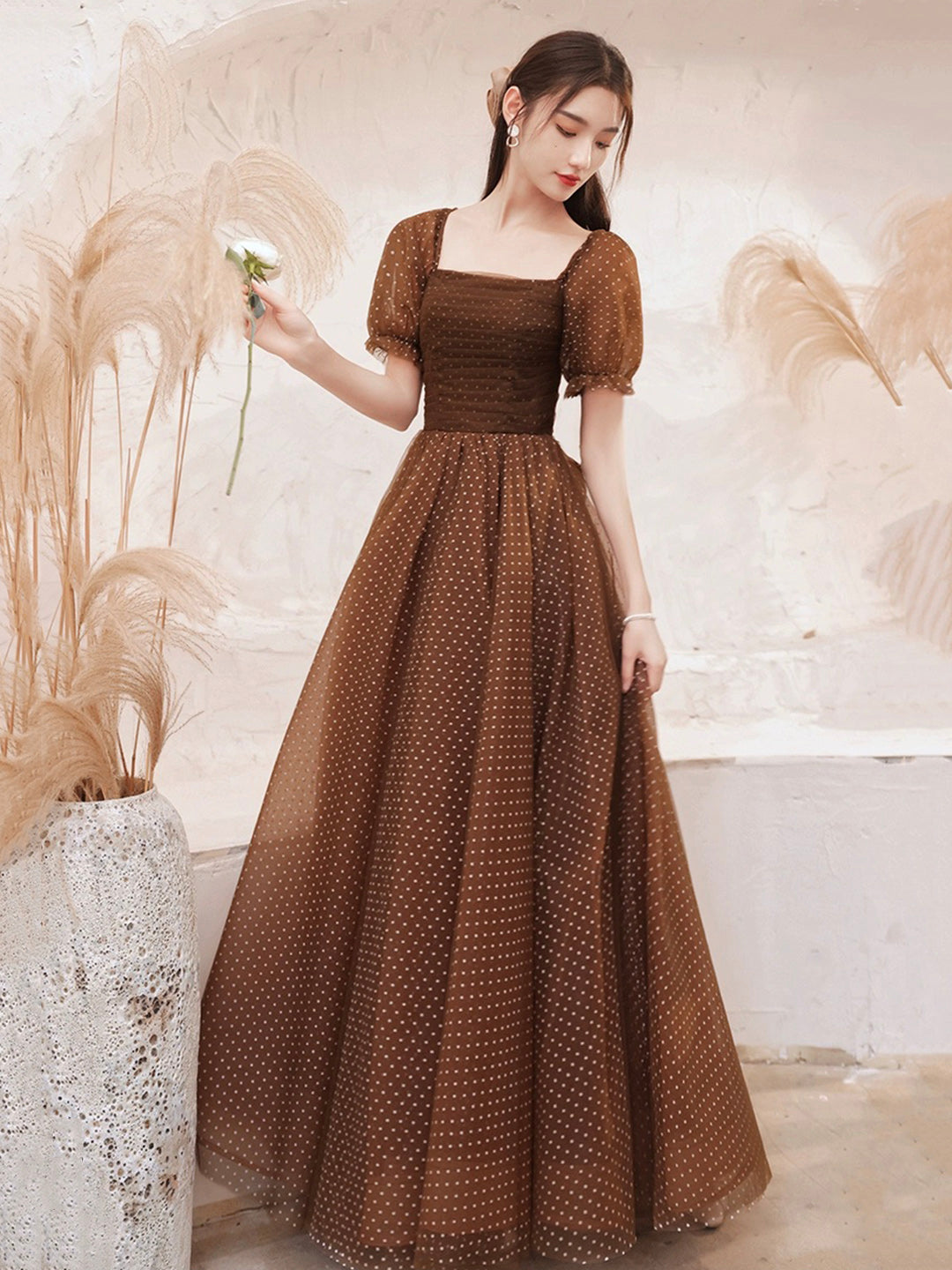 Charming Brown Tulle Floor Length Prom Dress, A-Line Short Sleeve Evening Party Dress