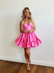 Pink Sweetheart Straps Sleeveless A Line Short Homecoming Dresses with Ruffle