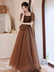 Charming Brown Tulle Floor Length Prom Dress, A-Line Short Sleeve Evening Party Dress