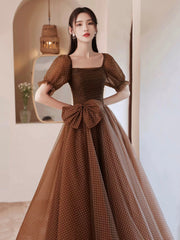 Charming Brown Tulle Floor Length Prom Dress, A-Line Short Sleeve Evening Party Dress