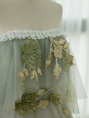 Green Tulle Lace Long Prom Dress, Green Off Shoulder Evening Party Dress
