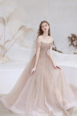 Off Shoulder Tulle Sequins Long Prom Dress, Champagne A-Line Formal Dress