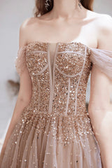 Off Shoulder Tulle Sequins Long Prom Dress, Champagne A-Line Formal Dress