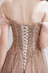 Off Shoulder Tulle Sequins Long Prom Dress, Champagne A-Line Formal Dress