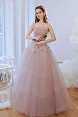 Pink Strapless Tulle Beaded Long Prom Dress, A-Line Evening Dress