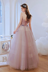 Pink Strapless Tulle Beaded Long Prom Dress, A-Line Evening Dress