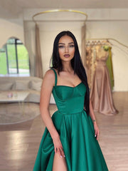 Dark Green Satin A-Line Spaghetti Straps Long Prom Dresses with Split
